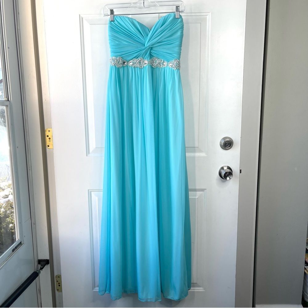 David’s Bridal City Triangles Long Maxi Dress Aqua with Sparkles Size 9